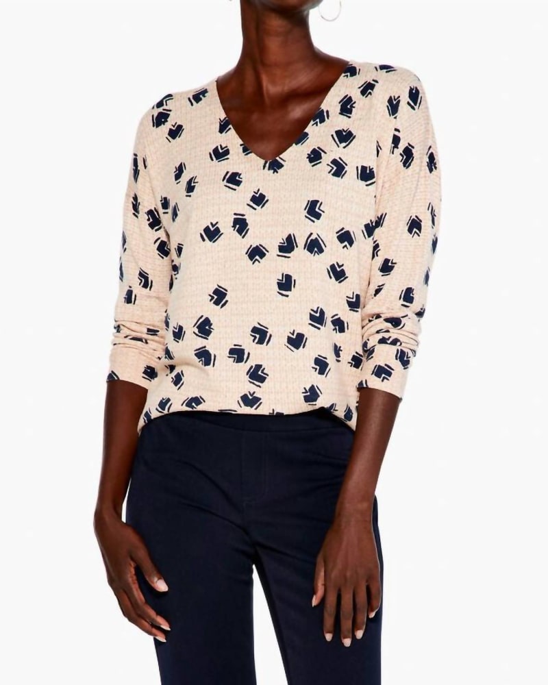 Front of a model wearing a size L Mosaic Blues Sweater in Neutral Multi in Neutral Multi by Nic + Zoe. | dia_product_style_image_id:326972